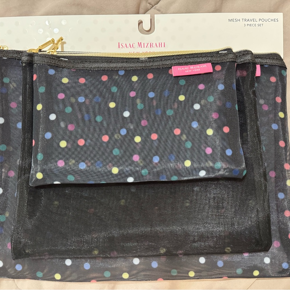 Isaac Mizrahi Black Mesh Pouches with Colorful Dots